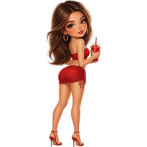 semi-realistic soft cartoon luxury glam, mini plush Bratz-doll aesthetic, cinematic glow, crisp clean detail, glossy glam skin. brown eyed Petite 5ft girl, fair skin with soft freckles, wide face with tall forehead, honey-brown almond wide-set upturned eyes, fluttery lashes, shimmer highlight, plush lips, bottom heavy lip, sweet Belle-princess vibe, long straight brunette hair with visible caramel highlights, wearing a cherry red two-piece mini set with a bandeau top and low-rise ruched micro skirt, gold hoops, ankle bracelet, strappy heels, hair in a voluminous Sabrina-style blowout, looking back over her shoulder while holding a red slushie and popping one hip