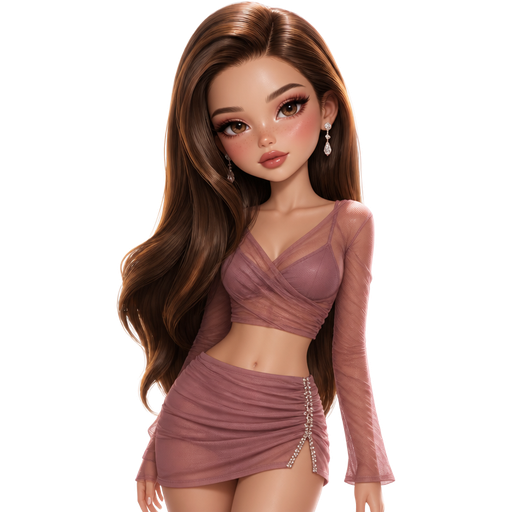 semi-realistic soft cartoon luxury glam, mini plush Bratz-doll aesthetic, cinematic glow, crisp clean detail, glossy glam skin. brown eyed Petite 5ft girl, fair skin with soft freckles, wide face with tall forehead, honey-brown almond wide-set upturned eyes, fluttery lashes, shimmer highlight, plush lips, bottom heavy lip, sweet Belle-princess vibe, long straight brunette hair with visible caramel highlights, wearing a mauve draped mesh long-sleeve crop top over a matching bralette, a dusty rose micro mini skirt with gathered ruching and tiny rhinestone trim, crystal earrings, hair in old-Hollywood side-swept waves, makeup with rosy smoked eyes, soft winged liner, pink champagne glow, mauve blush, and a glossy mauve lip