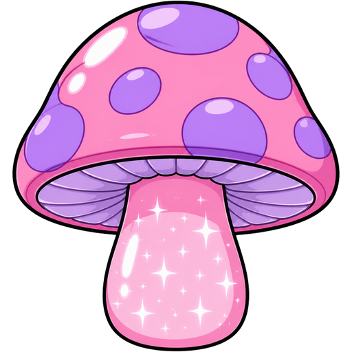 pov: front-center eye-level | ghibli style | pink and purple mushroom | sparkle pink stem | ghibli style | vector-cartoon | glossy cel-shading | bold smooth black outlines