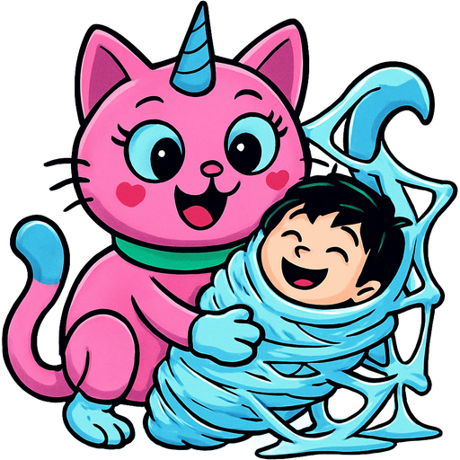 giant pink cat spider hybrid with blue unicorn horn green neck blue eyes with eyelashes heart shaped cheeks white wrists blue hands white ankles yellow feet blue and white tail happy hugging #B8FFFF slikworm cocooned pod black haired boy happy covered with #B8FFFF huge coating of #B8FFFF slik and huge #B8FFFF slik wrappings and huge #B8FFFF webbing wrappings #B8FFFF