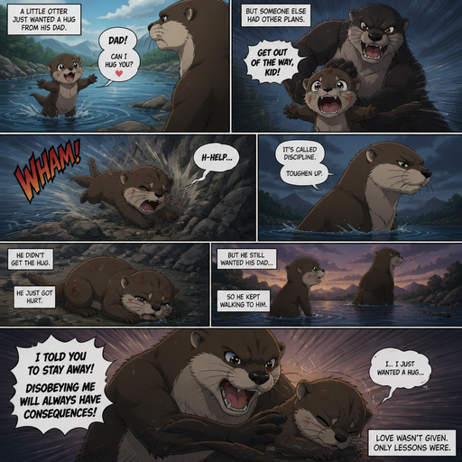 A comic book of a A baby otter went to his dad to go and hug him but and the baby otter was thrown at a rock by a bigger otter, and says help but he doesn’t and walks away and tries to walk to him but disciplines him for disobeying