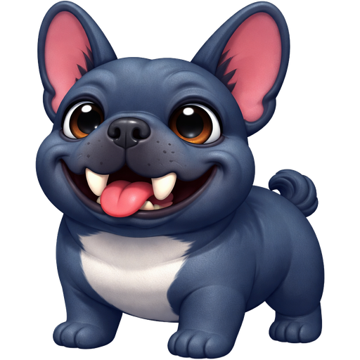 Happy Blue French bulldog chubby body legs curly tail short legs mostly dark grey brown eyes with underbite crooked large teeth
