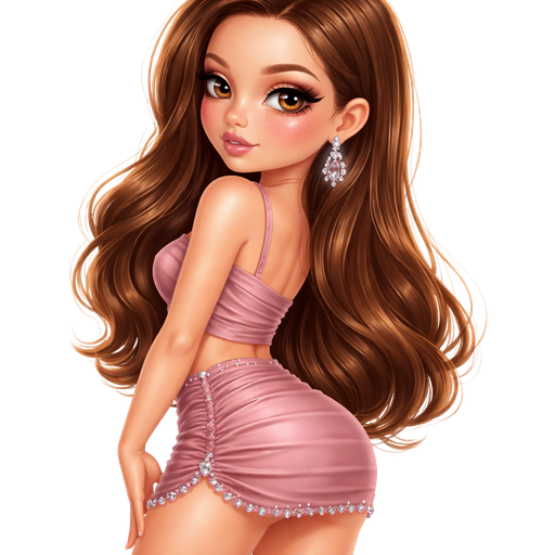 semi-realistic soft cartoon luxury glam, mini plush Bratz-doll aesthetic, cinematic glow, crisp clean detail, glossy glam skin. brown eyed Petite 5ft girl, fair skin with soft freckles, wide face with tall forehead, honey-brown almond wide-set upturned eyes, fluttery lashes, shimmer highlight, plush lips, bottom heavy lip, sweet Belle-princess vibe, long straight brunette hair with visible caramel highlights, wearing a mauve draped crop top and a dusty rose micro mini skirt with gathered ruching and rhinestone trim, crystal earrings, hair in old-Hollywood side-swept waves, makeup with rosy smoked eyes, pink champagne glow, mauve blush, and a glossy mauve lip, turned away with her back slightly arched and looking over her shoulder with a dangerous doll-like expression
