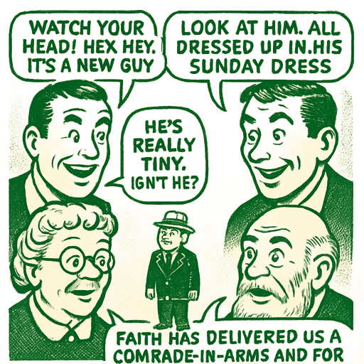 Man #1: Watch your head Hey, hey, it's a new guy. Man #2: Look at him, all dressed up in his Sunday dress. Grandma Nanny: He's really tiny, isn't he? Deep Grandpa Pop: Faith has delivered us a comrade-in-arms and for that we are thankful. Man #5: Lets go greeny