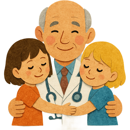 Create please an emoji where will be two little girls . One girl with brown short hair and another has blond short hair . He is hugging them. The both of girls will be his douguhters. He is the doctor. He will be without mustache and any glasses . He is old man
