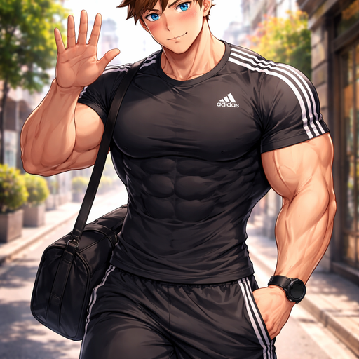 A Real life Full Body Image of a Hunky and Muscular, Handsome and Masculine Bodybuilder with Brown Spiked hair and Blue eyes and with Chunky Arms and Pecs and Very Stocky Body. Wearing A Perfectly sized Adidas Sleeved Dri-Fit Athletic Shirt and Shorts. Blushing under his eyes. Walking on the street. Waving at you Shyly