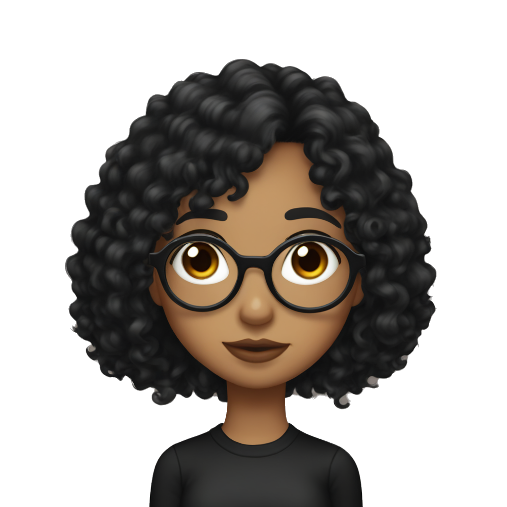 A young woman with long black curly hair and a micro straight bang,brown eyes, black clothes with big glasses and a septum piercing