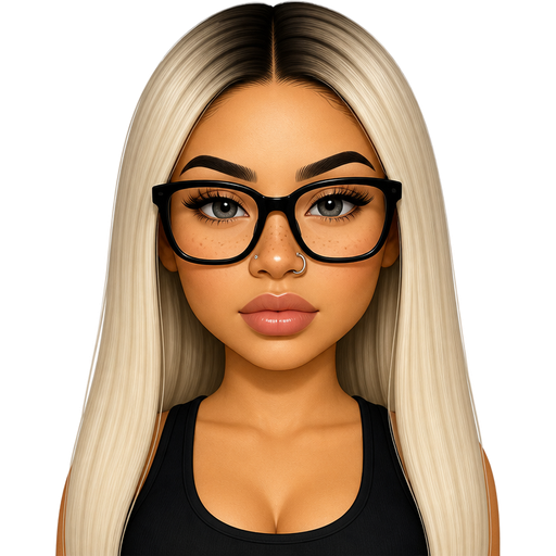 30 year old latina baddie with slim face and slightly full lips a slight bumpy nose round face cheek bones with dark freckles almond shaped with light GRAY colored eyes lashes shiny nose piercing fair skin with freckles across nose with shiny nose ring and very long straight icy blonde hair and dark roots parted in the middle serious and large black glasses wearing a black tank top