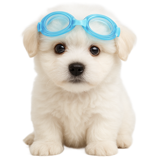 a white fluffy haired cute fuzzy puppy with swiming light blue googles on its head where you can see his whole body