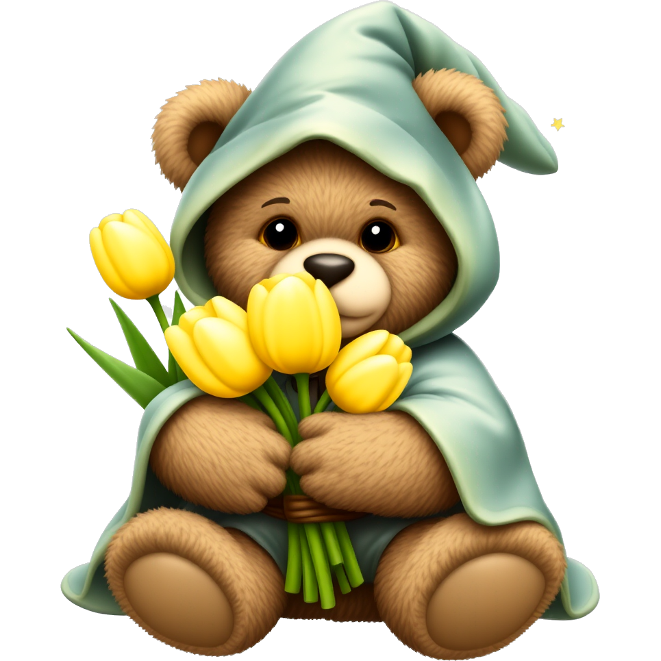 A whimsical teddy bear wizard, cloaked in shimmering starlight fabric, holds a bouquet of enchanted yellow tulips that glow softly. Tiny fairies flit around, adding sparkles, as the bear's eyes twinkle with magical mischief, ready to grant wishes with each bloom.