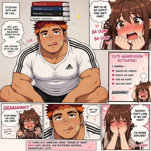 A Full page Anime Comic book story about of a masculine and Bulky ANIME Cute Bara Man American 20 year old with a ROUND and BASIC facial structure and TENAGE BARA CUTE MALE not to detailed With bigger than average Pecs that are visible through the shirt and Biceps and a big Bandaid on his nose and Left Cheek and Right Eye brow. Wearing a no piercings Baggy White Adidas Athletic shirt and Short and Red Hair and Bright Orange Hair Tips and Strait with brown eyes and black eyebrows. Sitting down with his head still and his eyes looking up at you And Balances Books on his head and Licking his lips and making her blush and having cuteness aggression against him