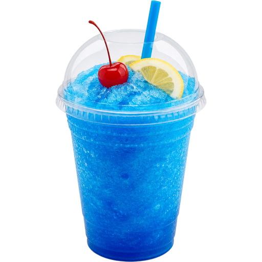 Blue Lagoon Shaved Ice Slushie in a Plastic Cup and Plastic Dome Lid with a Straw Mixed in with Extra Syrup Mixed with a Cherry and a Sliced Lemon on Top