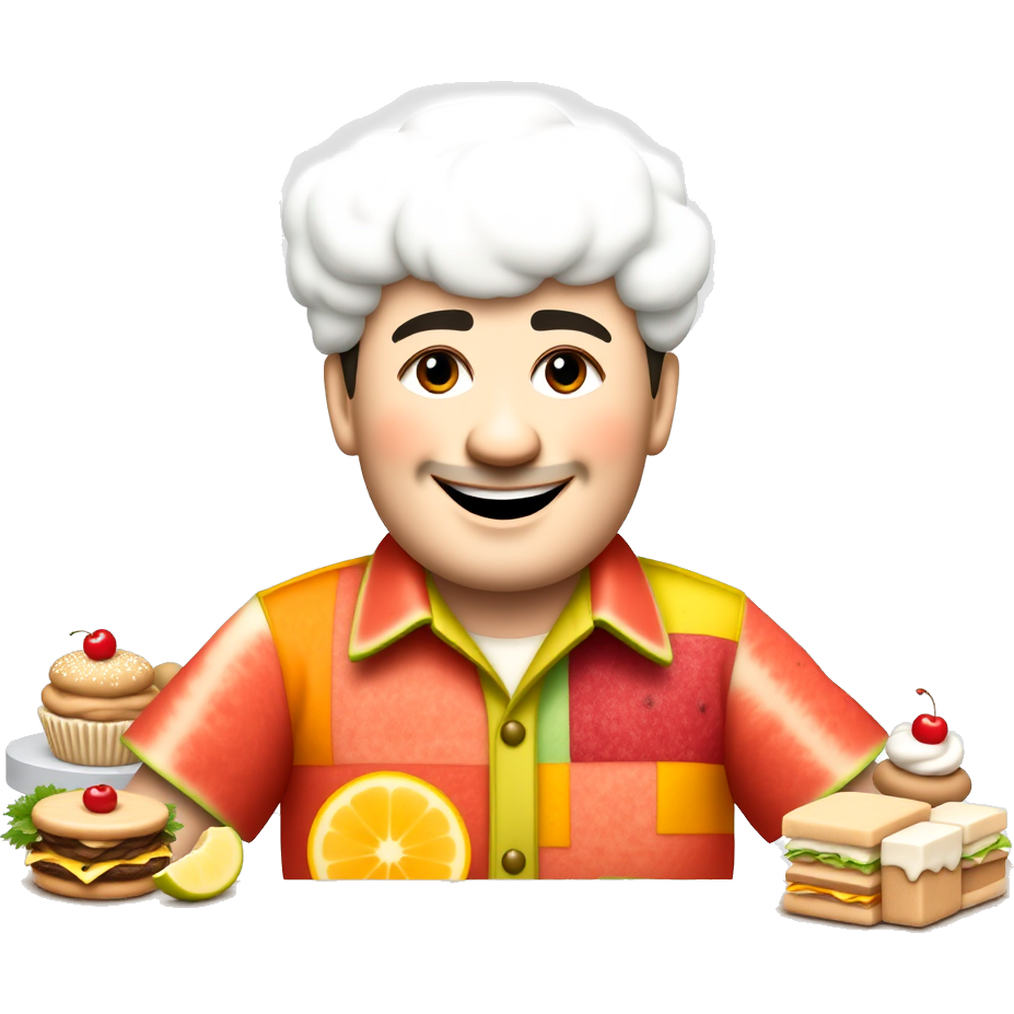 🎉🥗 Matt Sturniolo made entirely of delicious foods, sitting atop a picnic table! His vibrant shirt is a patchwork of various fruits—slices of watermelon, oranges, and apples. His hair is fluffy cotton candy, while his smile is a bright cherry glossy glaze surrounded by tasty treats like cupcakes and sandwiches! 🍰🥪🌈