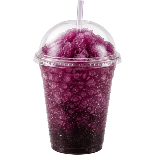 Grape Berry Shaved Ice Slushie in a Plastic Cup and Plastic Dome Lid with a Straw Mixed in with Extra Syrup