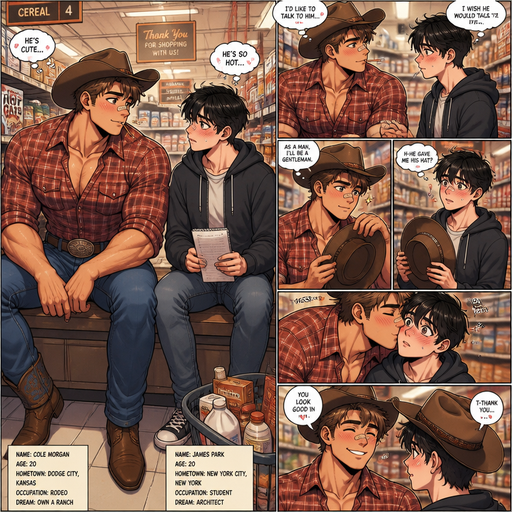 A Very Detailed Full Body anime comic book view of a Beefy and Bulky and Huge Beefy Pecs and Biceps and above average High schooler but Muscular and ANIME Cute Bara Cowboys Who looks Normal 20 year old American with a round facial Structure and ROUND and BASIC facial structure and No Facial Hair With Puffy and Big Pecs that are visible through the shirt and Biceps and Bandaid on his nose and slim and thin waist. Both Siting at the Grocery store with his Crush that’s a city boy in the same isle both afraid to talk to each other so as a man he acts like a gentleman to him and he blushes, and holding a pencil in his mouth looking Dreamy and his crush blushes. And he gives his hat to his crush, and Kisses him on the cheek and Smiles