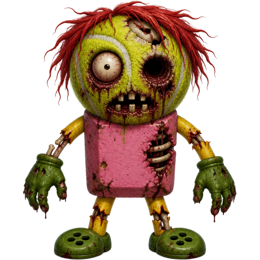 tennis ball head pink eraser body yellow legs green button feet and yellow arms green gloves red hair exposed bones zombie version