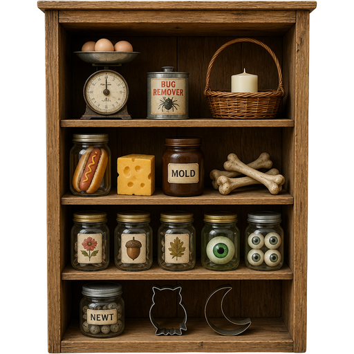 wooden cupboard with 4 wooden shelves with egg on old scale tin can texted bug remover basket of one candle 3 bones
hot dog in jar cheese brown jar of mold texted on it jar with picture of flower on it jar with picture of acorn on it jar with picture of leaf on it giant green eyeball in jar four eyeballs in jar newt eggs in jar with texted newt on it owl cookie cutter moon cookie cutter