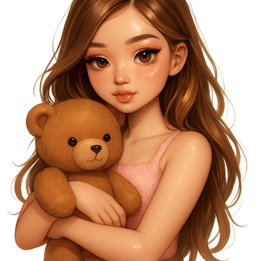 luxury glossy bratz anime-romantic aesthetic, warm cinematic glow, crisp clean detail, glossy glam skin. petite girl, soft-autumn tone, fair skin, honey-brown almond eyes, soft freckles, round moderate bust, chubby upper arms, sweet Belle-princess vibe, long brunette honey balayage hair with visible light blonde highlights, pink fluffy top + skort, hugging a teddy like she owns him, hair: soft wavyside swept over shoulder, makeup: shimmer pop, pop-princess energy, shimmer highlight, sparkly glow