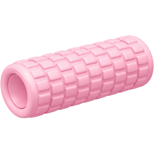 A baby pink foam roller, placed horizontally on a clean, minimal surface. Soft studio lighting creates gentle highlights and smooth shadows, giving it a slightly stylised, semi-realistic look. The surface shows subtle texture patterns but remains clean and simplified, with a soft matte finish. Rounded edges and slightly enhanced proportions for a cute, aesthetic feel. Pastel color is even and dreamy, with light gradients for depth