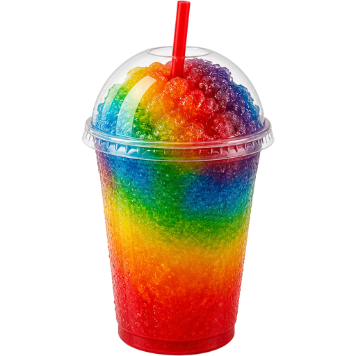 Skittles Shaved Ice Slushie in a Plastic Cup and Plastic Dome Lid with a Straw Mixed in with Extra Syrup