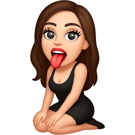 White woman, brown hair, gray eyes, long thick lashes, kneeling, full lips with red lipstick, mouth open, and tongue out, wearing black dress