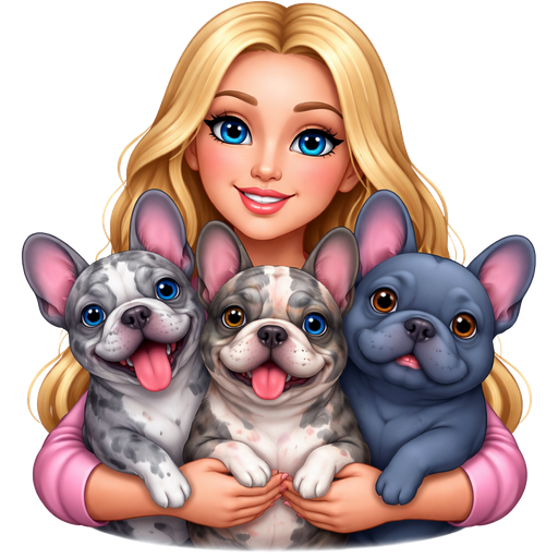 A blonde long haired girl holding three French bulldogs one skinny gray merle with tongue out one merle with one blue eye one brown eye and one all blue chubby french bulldog with brown eyes