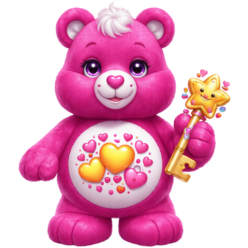 Precious Heart Magenta Care Bear with Three Yellow Hearts Surrounding Tiny Dark Magenta Hearts arranged in a circle with Three Pink Hearts with the key hole on the left side and using the Starbuddy Key on the Right side in the middle on the Stomach with White Tufts of Hair Purple Eyes and a Magenta Heart Nose The inside of the ears are silver and Paws Holding a Starbuddy key in the Right Paw