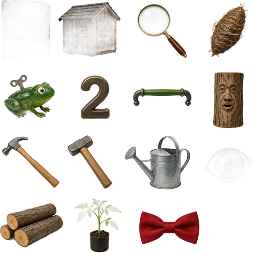 I spy spooky mansion video game gameplay tool shed i spy riddle I spy a cocoon, a wind up frog, a two, a green handle, a face on a log. two hammers, a watering can, a blue eye,
wood, a tomato sprout, and a red bow tie.