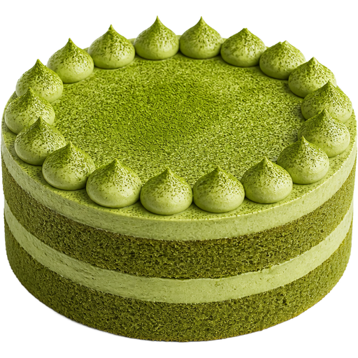 Whole Matcha Cake Layered with Matcha Frosting in the Middle and Matcha Frosting with Match Frosting Connecting Dollops and Matcha Powder on Top