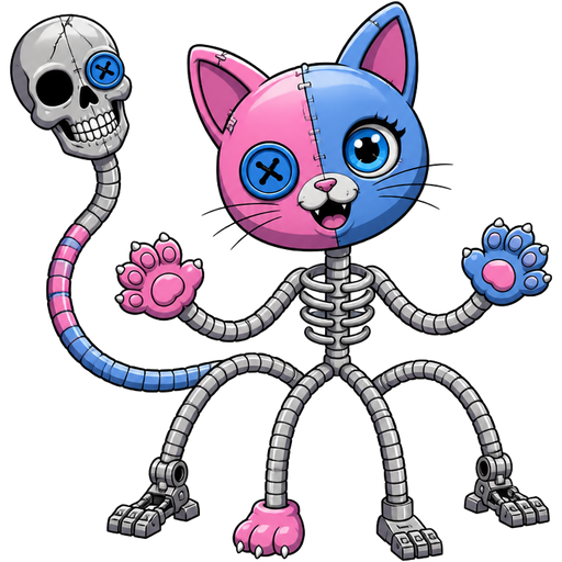 toy pink and blue cat head one blue doll eye are on right toy pink and blue cat paws skeleton like body made of sliver flexible hoses toy pink and blue cat tail with sliver human skull head with blue doll eye on left eye socket attached to sliver flexible hose 3 spider like legs made of sliver flexible hoses with attached 2 endoskeleton feet 1 toy pink and blue cat foot toy