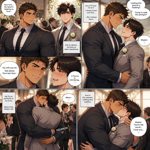 A DETAILED AND LIFELIKE ANIME Comic Book story view of a Big but Bulky ANIME Cute Bara Man With Peach toned skin Who looks Normal and 20 years old and a Perfect and Manly facial structure With Puffy and Big Pecs that are visible through the shirt and Biceps and Short Brown hair that makes him looks Tough and Intimidating. Wearing a Suit and Had a Perfect Physique in it. At wedding and sees his crush and he looks so handsome he is 6’4 but his crush is 5’9 and fully grown and he tower over his crush when he flirts. And he hugs him around the waist and kisses and they giggle