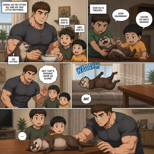 A DETAILED AND LIFELIKE ANIME Comic Book story view of a Bulky but Muscular ANIME Cute Bara Man With Peach toned skin Who looks Normal aind round facial Structure and Basic facial structure With Puffy and Big Pecs that are visible through the shirt and Biceps and Bandaid on his nose and Brown short hair that makes them look tough. Wearing normal With his pet Grown and healthy realistic otter who is Mistreated and 2 little brothers that are in different ages but young. Then the otter flys to the edge of the table. and lays on its side
