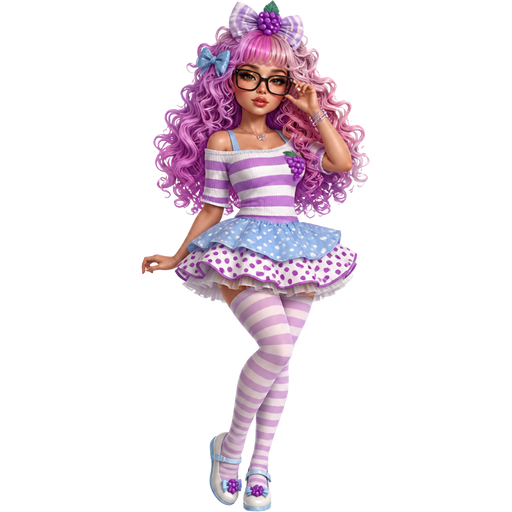 Sweet Grapes with a Fair-Light Neutral Natural Skin Tone and a Heavy Low Lip Shape with a Open Eyelash Set Up and a Caramel Latte Lipgloss with a Yellow Gold Eyeshadow and a S-Shaped Eyebrow Shape with a Upturned Eye Shape and a Heptagon Face Shape with a Ombré Purple, Pale Fuchsia, Pink and Frosted Pink Big Long Loose Bouncy Curly Hairstyle Including Bangs Wearing a Powder Blue Sparkly Bow on the Left Side of Her Hair and a Lilac Bow with a White Stripe Across it On the Top with Purple Grapes On the Very Top of Those Wearing Black Oversized Square Glasses and Ombré Purple Eyes Wearing a Powder Blue Tank Top with a Purple and White Striped Sequined Short Sleeved Off The Shoulder Top with the Neck-Line Being White with a Purple Print of Grapes at the Bottom Right of her Shirt Wearing a Frilled White Skirt with Purple Polka Dots and a Purple Lining With a Blue Skirt Over it and White Polka Dots Wearing Lilac and White Striped Tights with White Flats and a Powder Blue Lining with a Powder Blue Strap and a Lilac Bow with a White Stripe Going Across it on Each Shoe With Purple Grapes on the Top of Them and Blue at the Bottom and a Luminous Glazed Complexion with a 3D Naturalistic Animation and a Mature Adult Curvy Toned Build with a Luxury Glossy and a Refined Pristine Set Up with a Theatrical Appearance