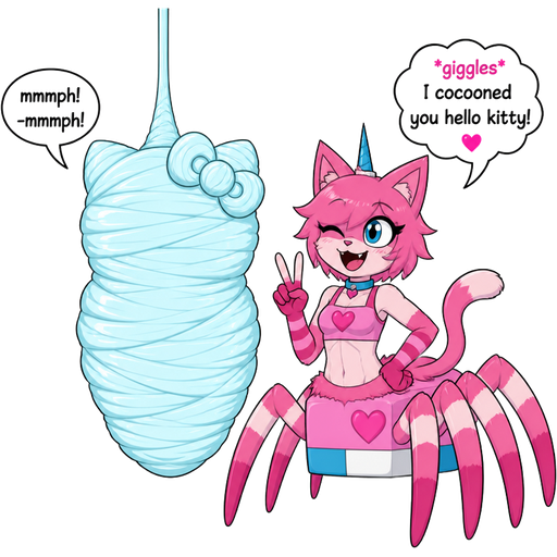 wrapped up and mummified fully covered in a #B8FFFF spider slik cocoon shaped like hello kitty behind back with #B8FFFF spider slik wrappings completely covered with thick layers non-transparent #B8FFFF spider slik wrappings hanging on ceiling mmmph!-mmmph! on the left next to a happy anthro femboy pink cat drider doing victory sign based on unikitty *giggles* I cocooned you hello kitty!