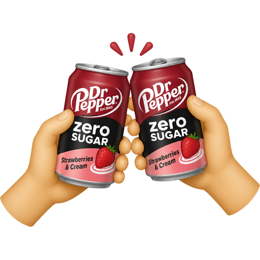 Two light skin hands holding zero sugar Dr Pepper strawberries and cream flavor giving cheers. One hand is slightly higher.