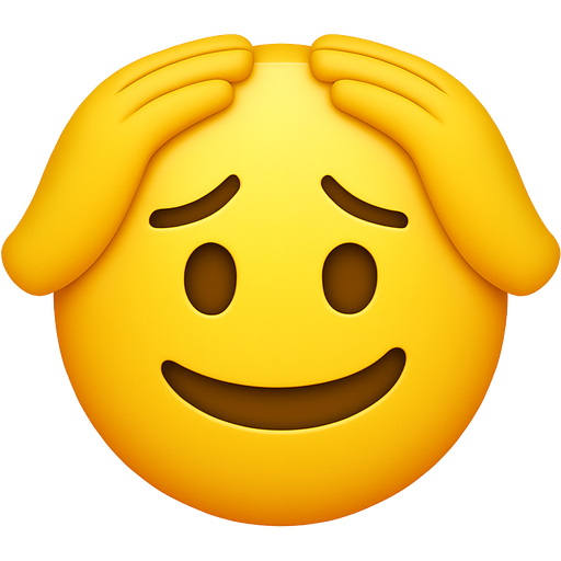 Classic yellow emoji face like iPhone emoji style, simple round face đ, with both hands placed on top of head, fingers touching hair, expression slightly stressed and awkward, one eye slightly squinting, clean minimal emoji design, no body, only hands and face
