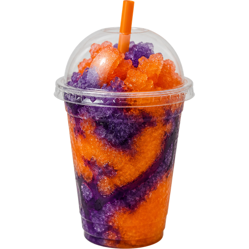 Halloween Shaved Ice Slushie in a Plastic Cup and Plastic Dome Lid with a Straw Mixed in with Extra Syrup and it’s Orange and Dark Purple