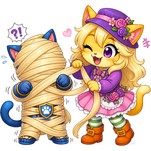 blue knight boy cat furry getting quickly wrapped up mummified by furry yellow cat anthro with purple eyes light blonde hair purple and pink florist hat and purple florist outfit green and white socks orange boots with buckles light pink skirt with light blonde hair 2 light blonde hair mummy shaped like blue knight cat furry completely covered with light blonde hair mummy then furry yellow cat anthro with purple eyes light blonde hair purple and pink florist hat and purple florist outfit green and white socks orange boots with buckles light pink skirt lets out an adorable giggling cartoon version