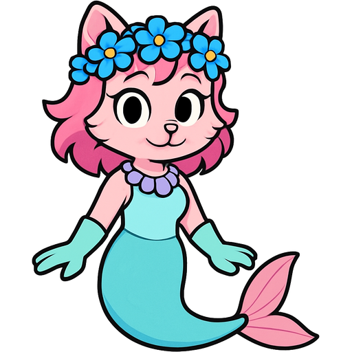Male light pink anthro cat with pink hair blue flower crown with light purple shell necklace light cyan dress attached to long light cyan mermaid tail with pink fins light green gloves artistic creation, beautiful art