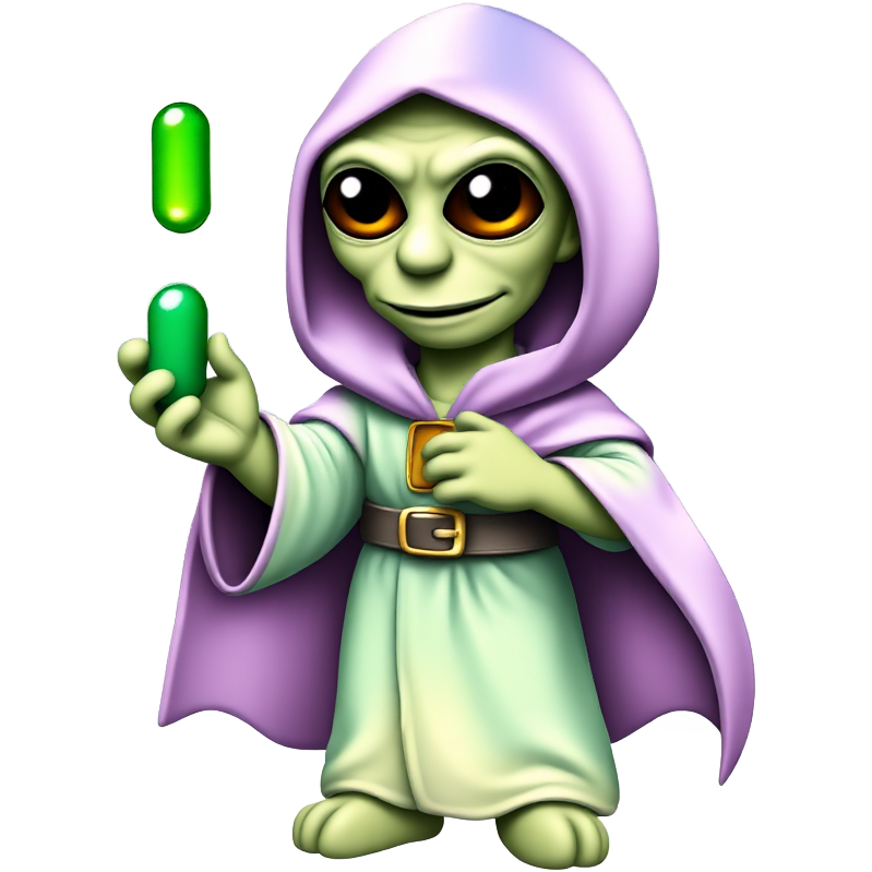 "Zany Simpson alien in a shimmering, iridescent cloak, wrapped in glowing neon circuitry. Clutching a levitating green pill, surrounded by cosmic symbols and radiant Illuminati pyramid glyphs, all under a swirling galaxy backdrop. A whimsical fusion of humor and interstellar intrigue!"