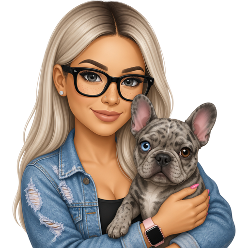 35 year old baddie wearing tiny earrings with thin face with long icy ash blonde hair parted in the middle with dark brown hair gray colored almond shape eyes with dark black glasses wearing a blue distressed denim jacket black top and nose stud and freckles across the nose and pink nails light skin and pink apple watch holding gray merle french bulldog with one blue eye and one brown eye