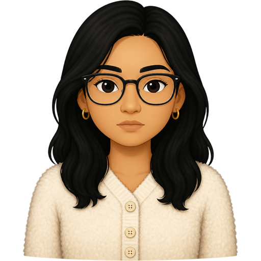 light tan woman with black hair and glasses wearing a light fluffy buttoned cardigan with an expressionless face