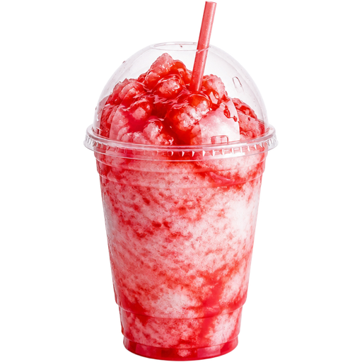 Valentine’s Day Shaved Ice Slushie in a Plastic Cup and Plastic Dome Lid with a Straw Mixed in with Extra Syrup