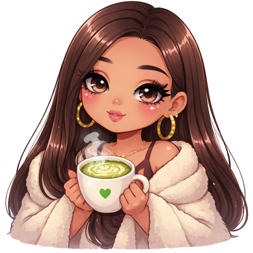 Una ragazza con il latina make-up con capelli lisci che si vede fino al busto con una coperta sulle spalle che tiene tra le mani una tazza di macha latte caldo