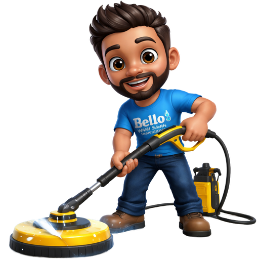 Light brown skinned man with black hair and beard pressure washing a concrete floor with a shirt that says Bello Wash Solutions