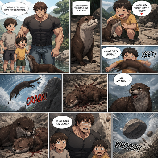 A DETAILED AND LIFELIKE ANIME Comic Book story view of a Bulky but Muscular ANIME Cute Bara Man With Peach toned skin Who looks Normal aind round facial Structure and Basic facial structure With Puffy and Big Pecs that are visible through the shirt and Biceps and Bandaid on his nose and Brown Fluffy and Strait hair. Wearing normal With his pet Grown and long and healthy realistic otter and 2 little brothers that are in different ages but young. and then his favorite otter crawled up to the youngest brother. The youngest brother throws the otter into a Rock. In the otter’s twin goes to him and cries. And then A rock flys
