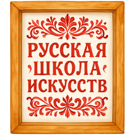 картина в раме, в ней Надпись Русская Школа Искусств, шрифт в русском стиле, с русскими народными узорами , в красно белом цвете