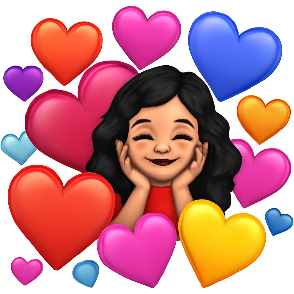 Lots and lots of colourful different sized heart emojis overlapping and a cute little Asian girl with long black curly hair smiling from behind one of the hearts with hands on cheeks in happiness