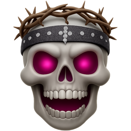 Apple-like 3D emoji icon, single object. Demonic skull head, front view, centered, symmetrical. Wide open jaw, clean big teeth, deep eye sockets. Bone-gray smooth material, soft gradients, studio lighting. Inside mouth and eye sockets: hot magenta glow (soft, not graphic rays). On the forehead: small cross made of tiny diamond gemstones (bejeweled, reflective). Add a black headwrap/bandana across the forehead with a neat diamond-stud pattern (small gemstones embedded). On top of the skull, above the headwrap: a crown of thorns made of twisted vine with sharp thorns (organic, NOT fabric, NOT metal), sitting like a halo. Transparent background, no shadow, no outline.