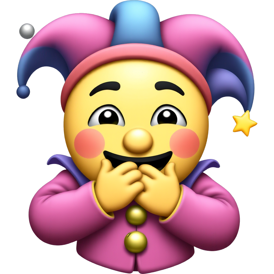 An emoji wearing a whimsical jester’s outfit, complete with colorful bells, exaggeratedly clutching its throat. Its eyes are cartoonishly crossed, with vibrant stars and swirls surrounding its head, giving a playful yet chaotic vibe. The background sparkles like confetti, emphasizing the comical struggle amidst a festive atmosphere.